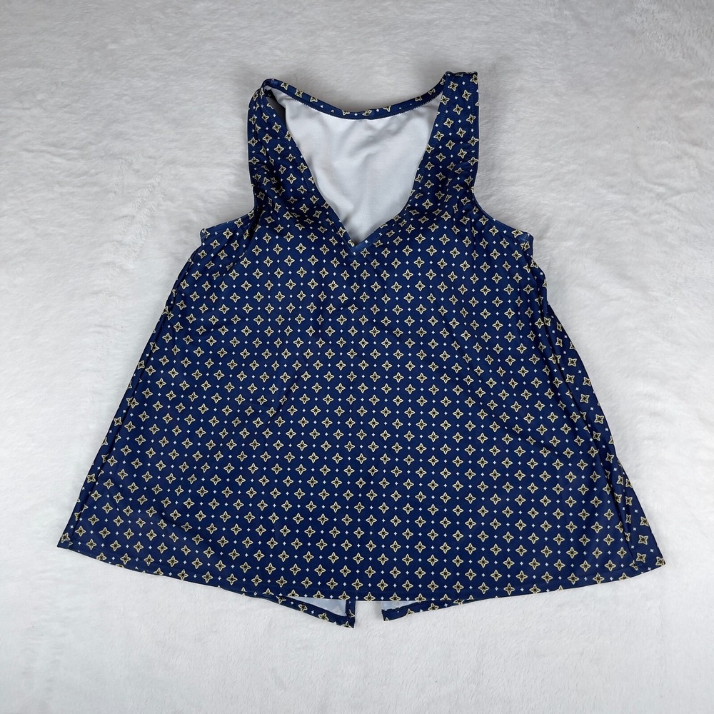 Kona Sol Tankini Swim Top Women's Small Navy Tile Print Sleeveless Slit Back‎
